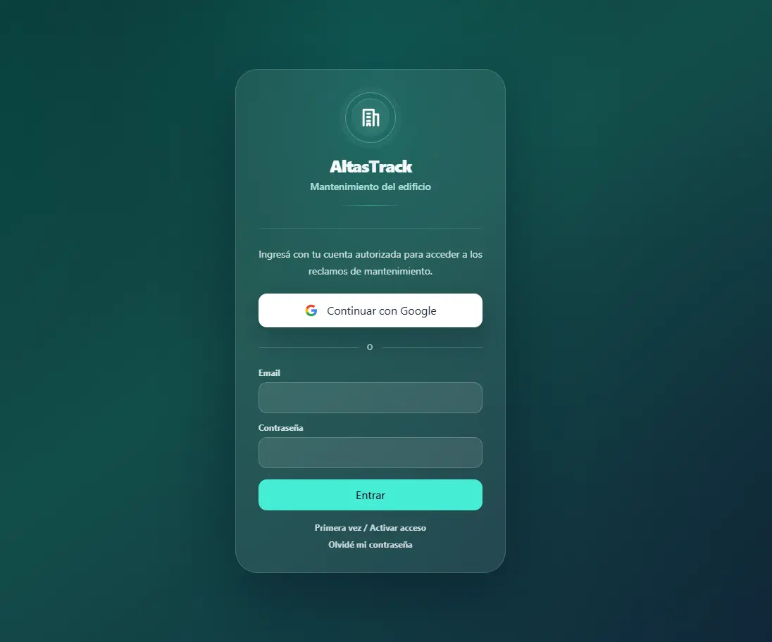 AltasTrack: Plataforma para gestionar reclamos y tareas de mantenimiento de edificios desde un solo lugar. Centraliza incidencias, responsables, avances, comentarios y evidencias para que cada trabajo tenga seguimiento y trazabilidad.