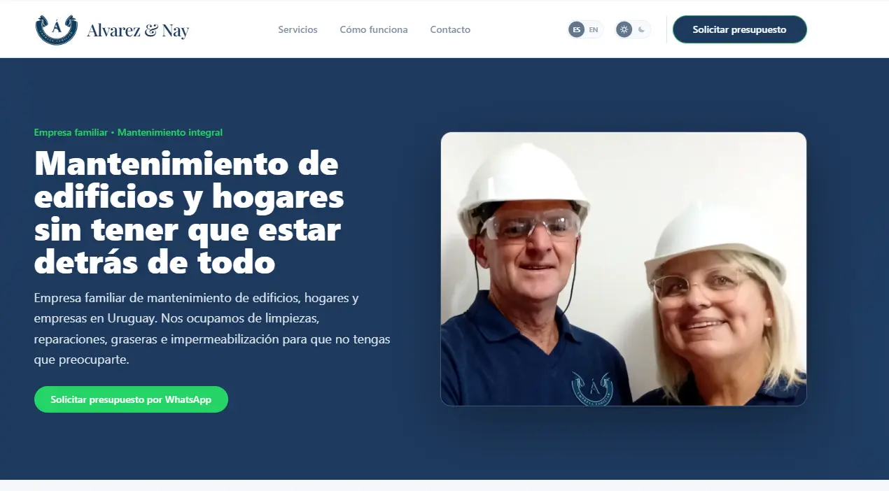 Álvarez & Nay: Sitio desarrollado para una empresa familiar de mantenimiento de edificios y hogares. Organiza sus servicios, transmite cercanía y experiencia, y facilita la solicitud de presupuestos por WhatsApp.