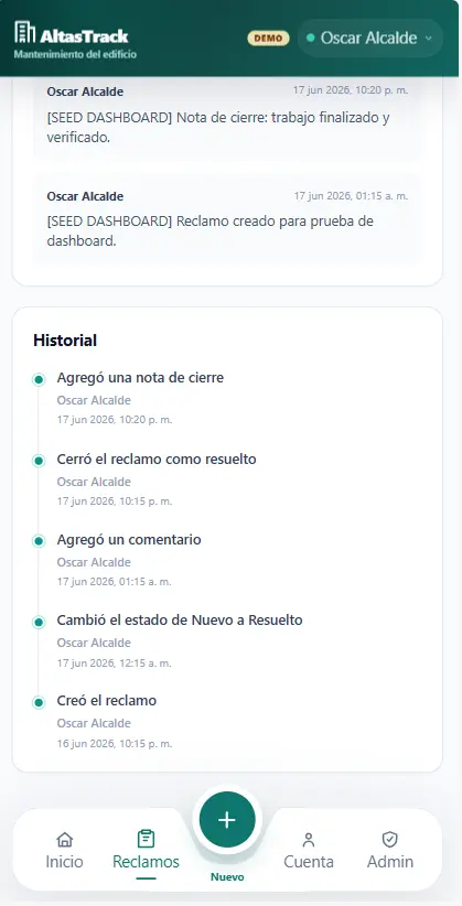 Historial móvil de acciones registradas en un reclamo de AltasTrack