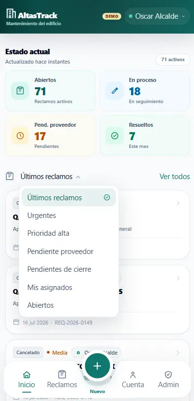 Panel móvil de AltasTrack con resumen de reclamos y filtros