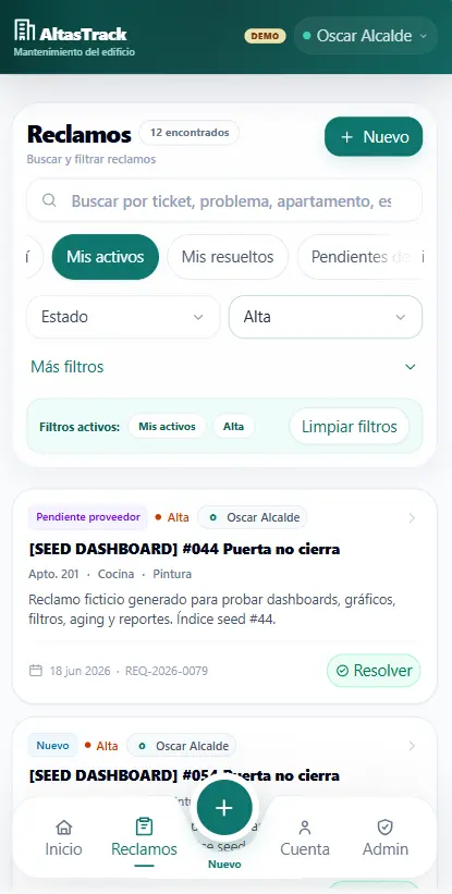 Detalle móvil de un reclamo de mantenimiento en AltasTrack