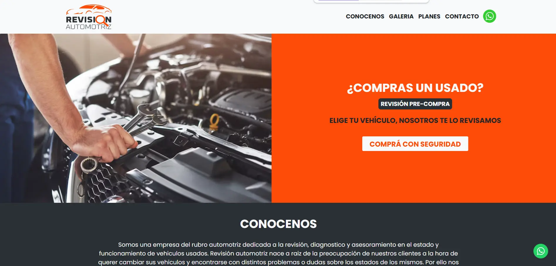 Revisión Automotriz: Web creada para explicar de forma sencilla un servicio que requiere confianza: la inspección de vehículos usados antes de comprarlos. Presenta el proceso, los planes disponibles y facilita la consulta directa.